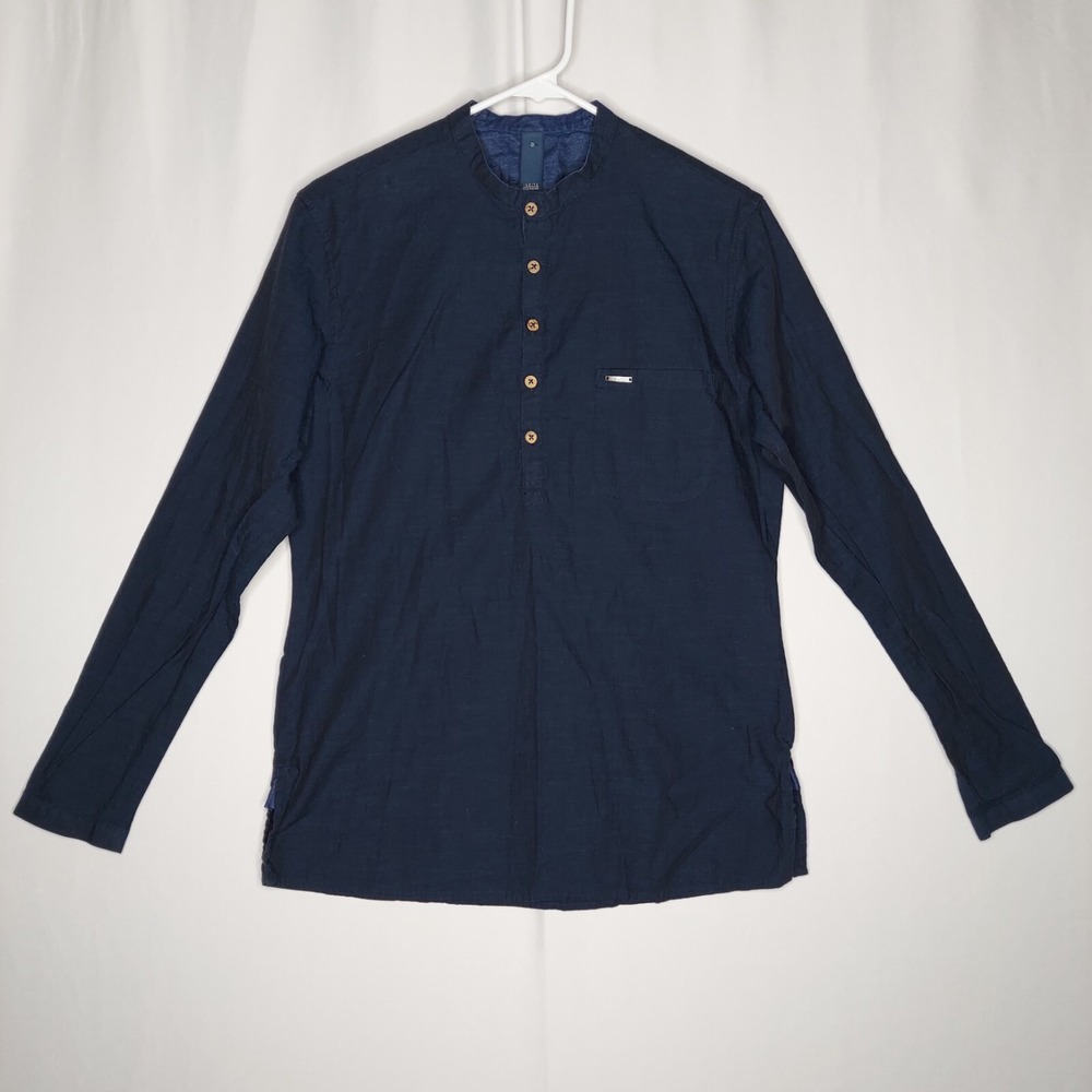 Peter England 1/4 Button Shirt Mens 38 Navy Cotton Long Sleeve Mandarin Boho